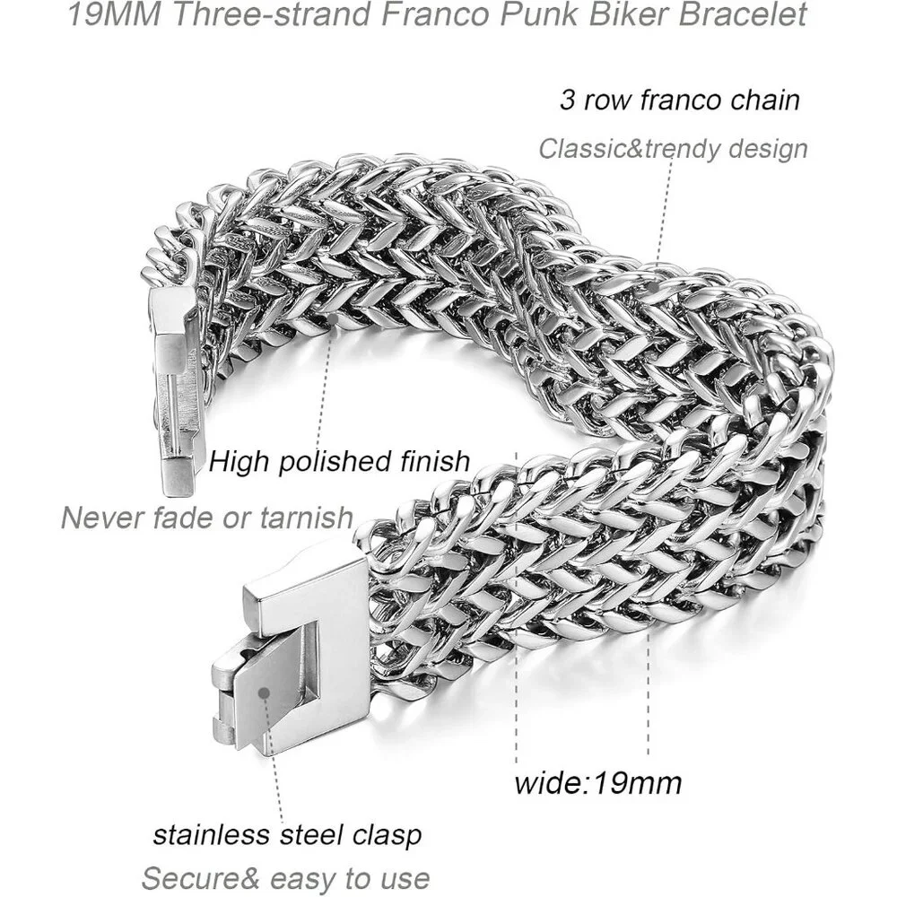 Men Silver Stainless Steel 19MM Cuban Curb Link Chain Rock Wristband Bracelets